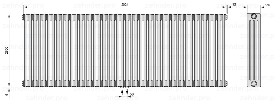 Схема (чертеж) Радиатор Zehnder Charleston 4280/44 №3470 Белый глянцевый RAL 9016